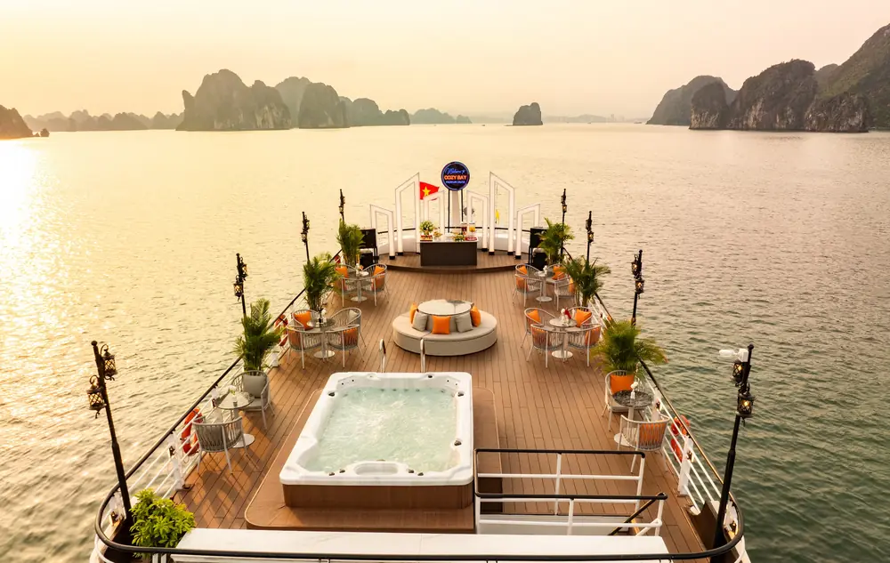Ha Long Bay at sunset from a cruise deck