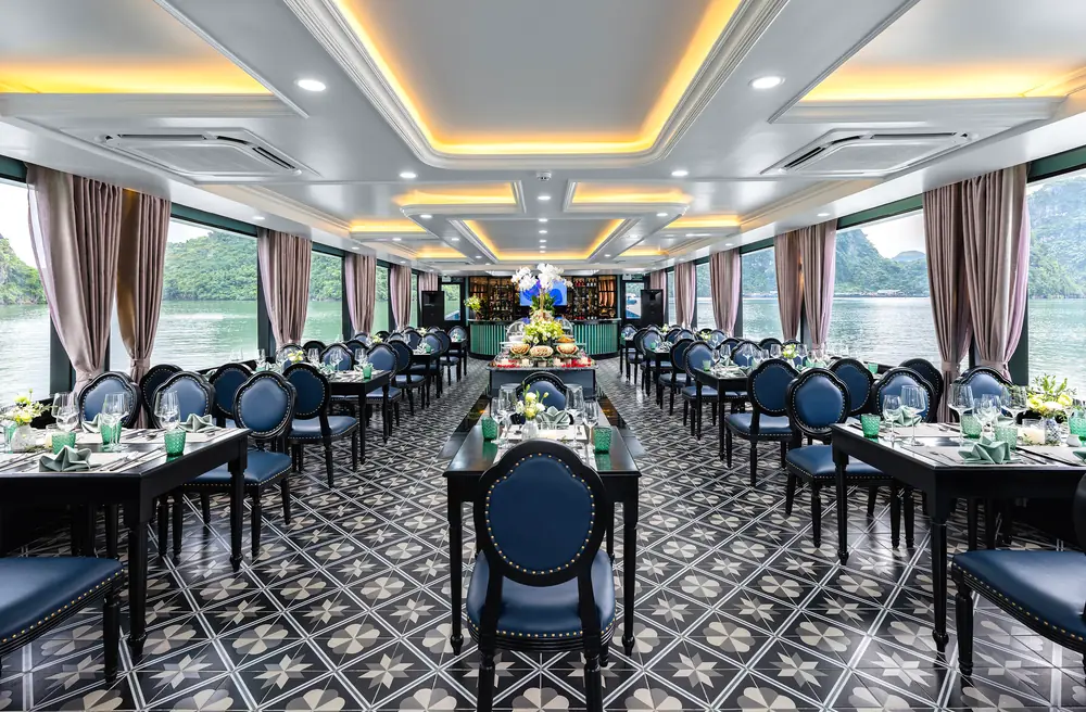 Elegant dining room aboard the Sea Lion VIP overlooking the bay
