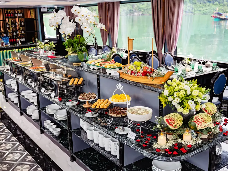 Buffet dessert and fruit display aboard the Sea Lion VIP