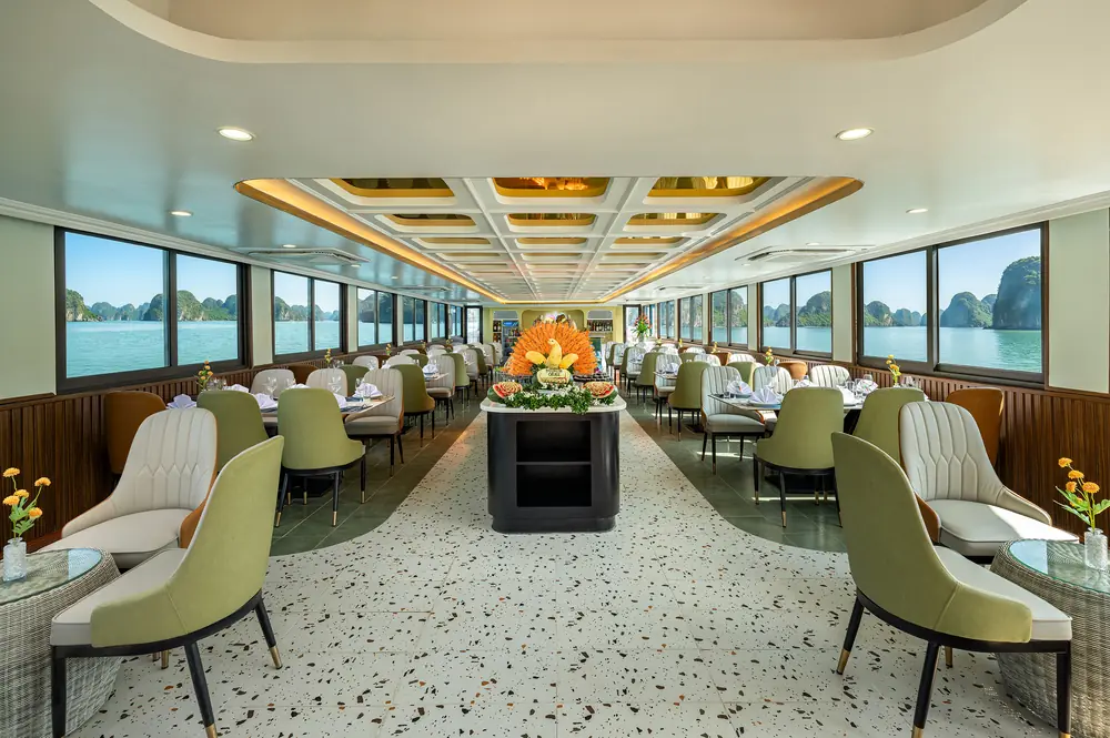 Elegant dining room aboard the Tropical Cruise overlooking the bay