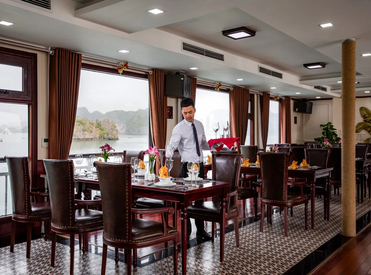 Onboard dining room with bay views
