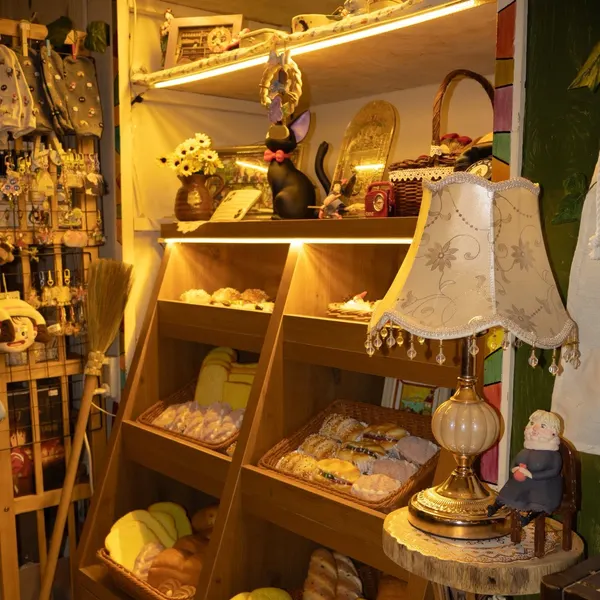 A cosy corner of the studio, with shelves and a warm lamp