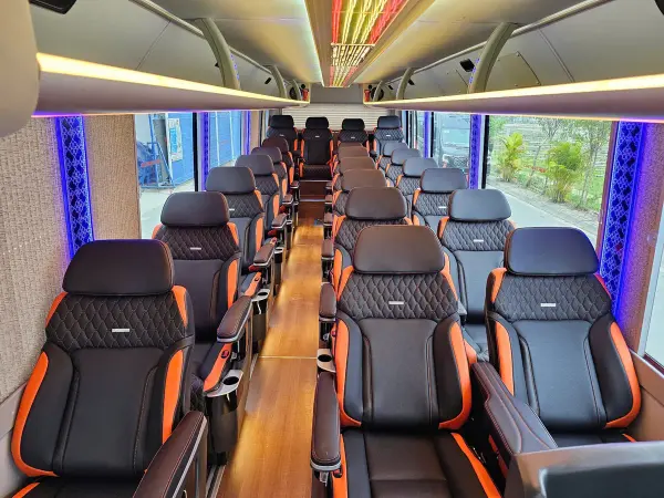 Inside the 22-seat limousine: black and orange quilted leather seats