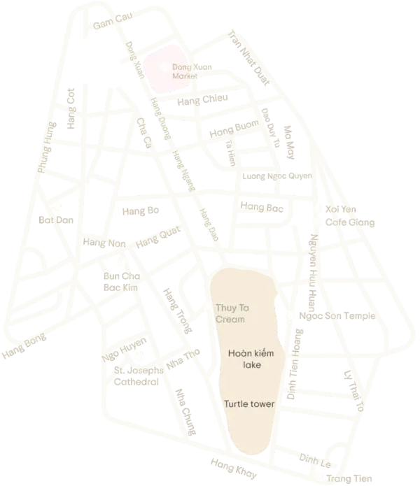 Map of the Hanoi Old Quarter: hotel pickup is free inside this area