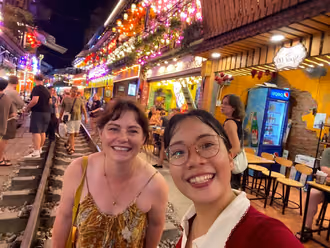 Diamond guiding a Hanoi street food tour
