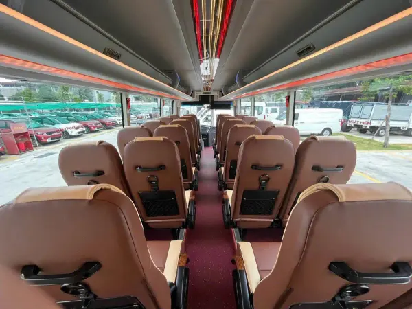Shuttle Bus seats from behind, with seat-back pockets