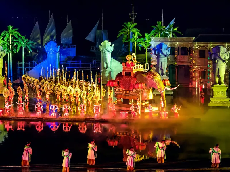 The Hoi An Memories outdoor stage lit at night