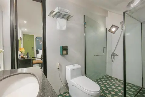 Deluxe Double: en-suite with a walk-in shower, separate toilet and patterned green floor