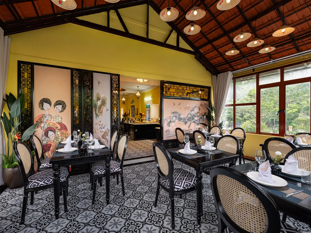 The restaurant dining room, set for lunch